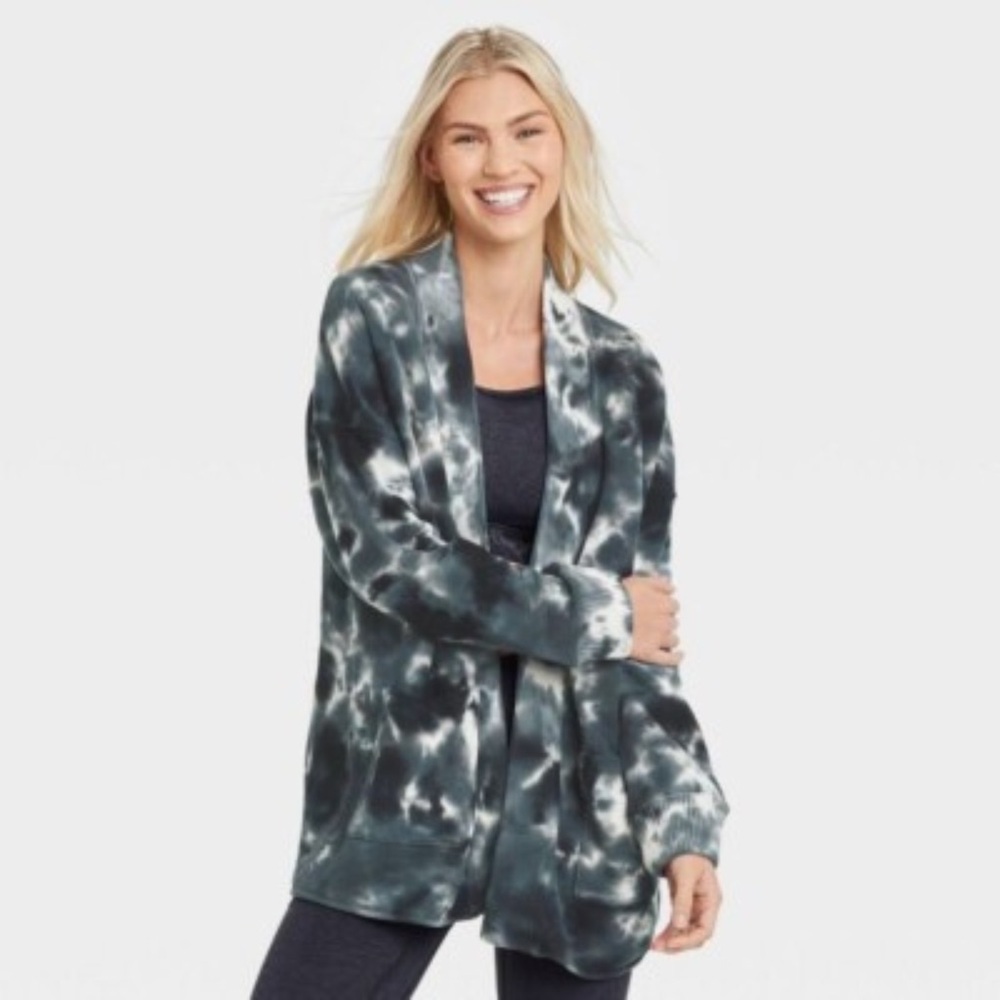 JoyLab black and gray tie-dye French Terry open-front cardigan sweater XS